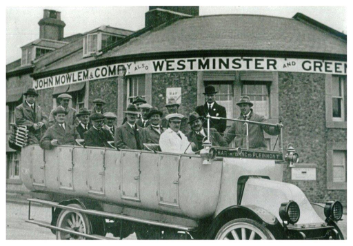 Char-a-banc to Pleinmont outside John Mowlem and Co., North Side, Vale. Manager's outing. Mr. Bean wears the bowler hat.